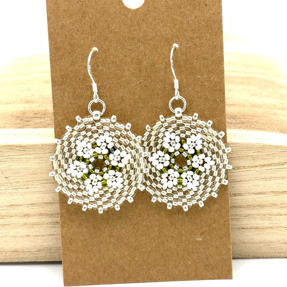 Hand Crafted White and Green Beaded Flower Drop Earrings